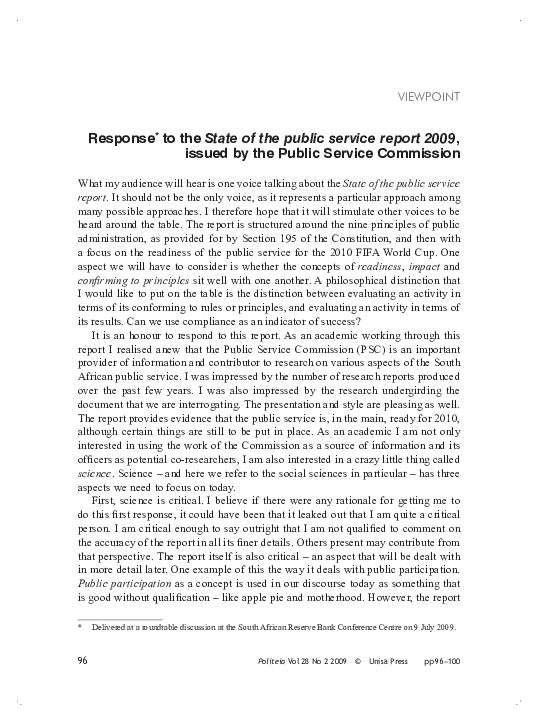 (PDF) Response to the State of the public service report 2009, issued ...