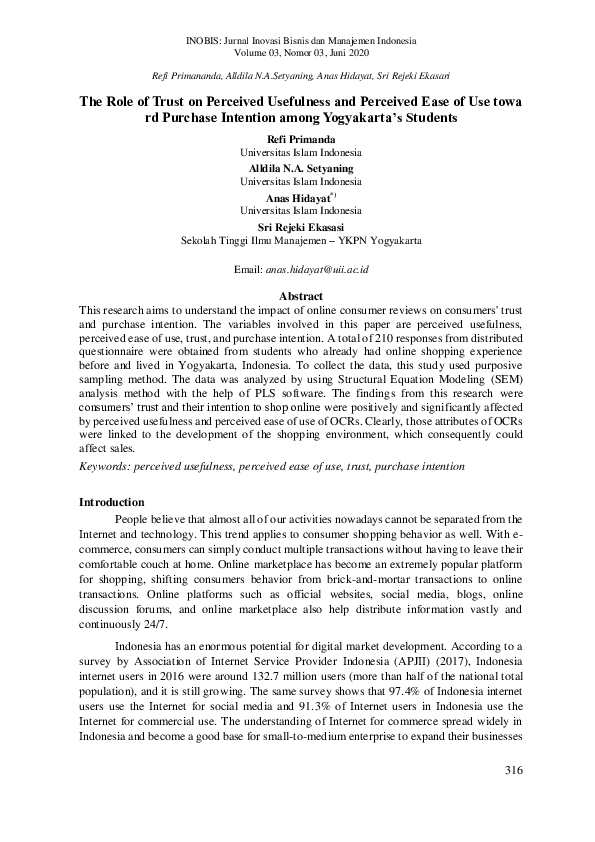 (PDF) The Role of Trust on Perceived Usefulness and Perceived Ease of ...