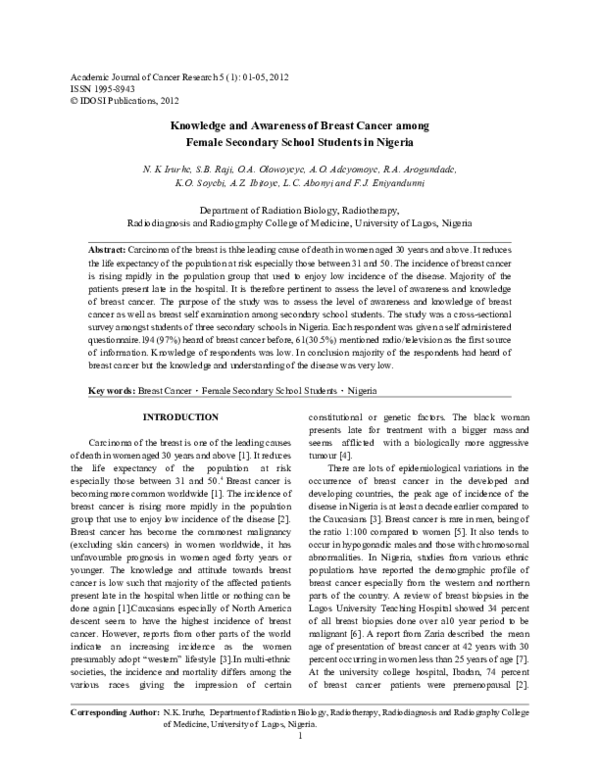 (PDF) Knowledge and Awareness of Breast Cancer among Female Secondary ...