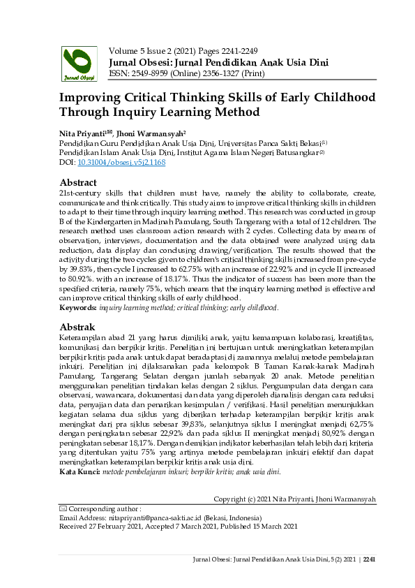 (PDF) Improving Critical Thinking Skills of Early Childhood through ...