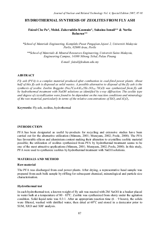 (PDF) Hydrothermal Synthesis of Zeolites from Fly Ash