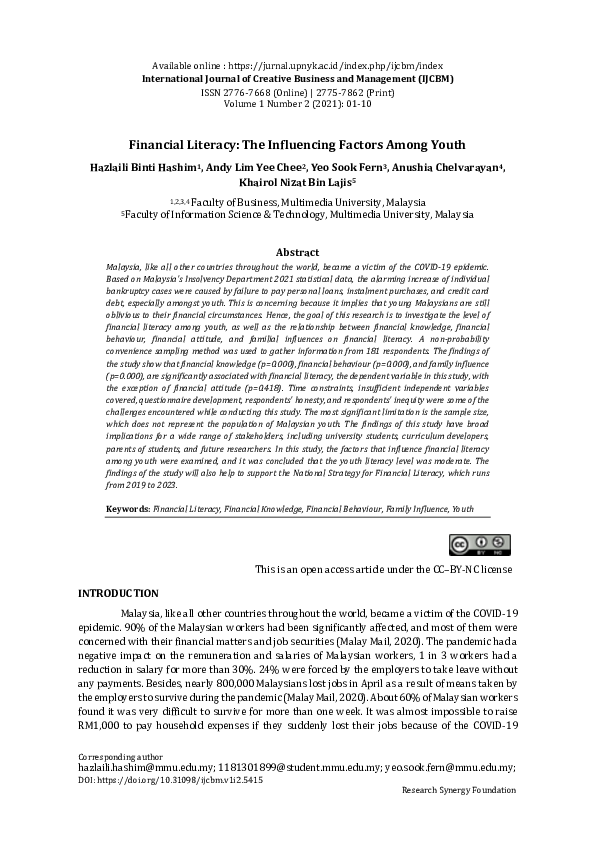 Pdf Financial Literacy The Influencing Factors Among Youth