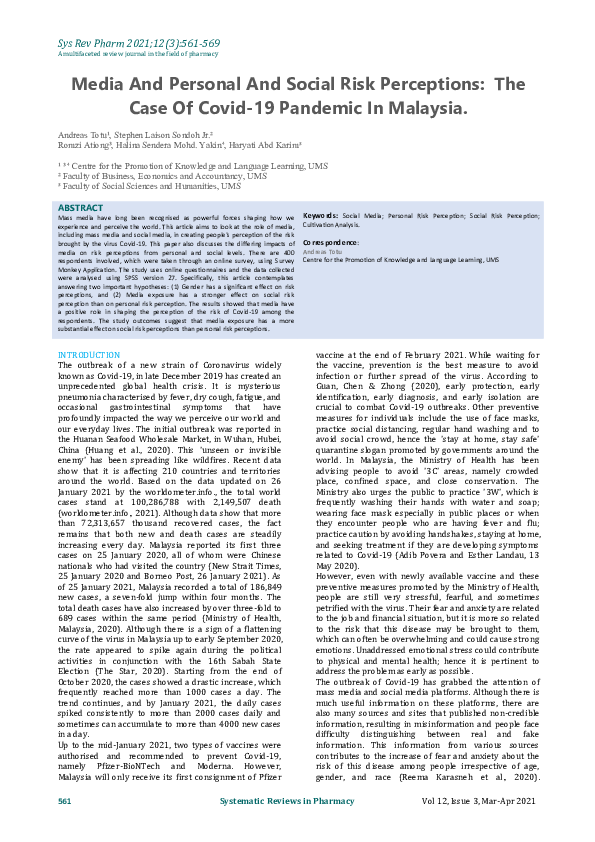 (PDF) Media and personal and social risk perceptions: The case of covid ...