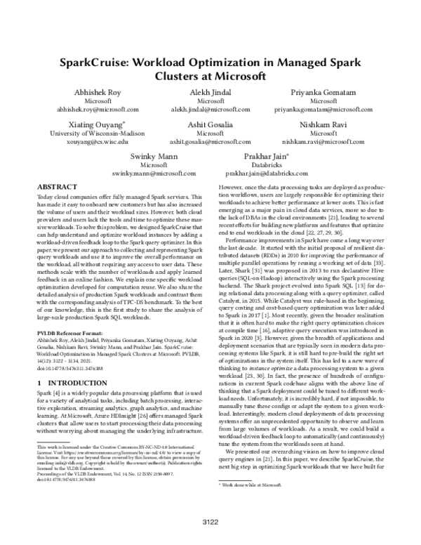 (PDF) SparkCruise: Workload Optimization in Managed Spark Clusters at ...