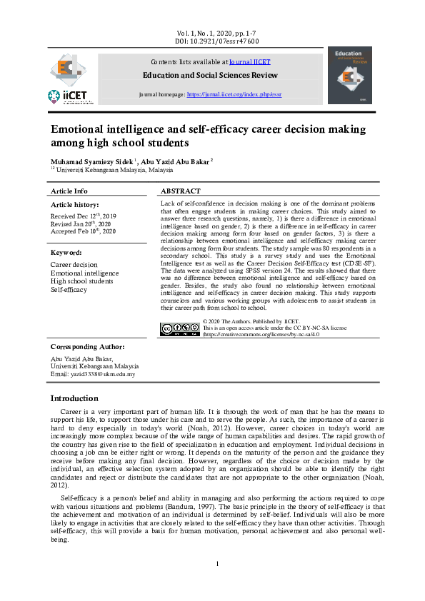 (PDF) Emotional intelligence and self-efficacy career decision making ...