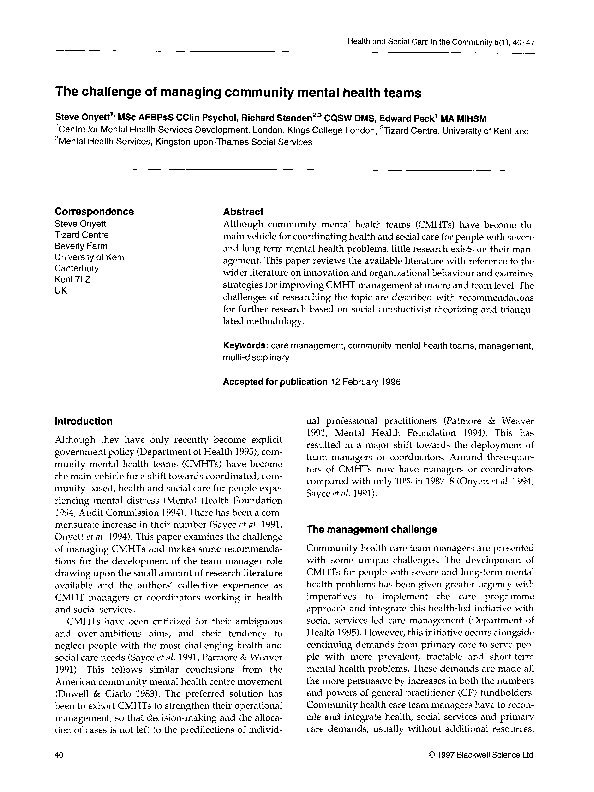 (PDF) The challenge of managing community mental health teams
