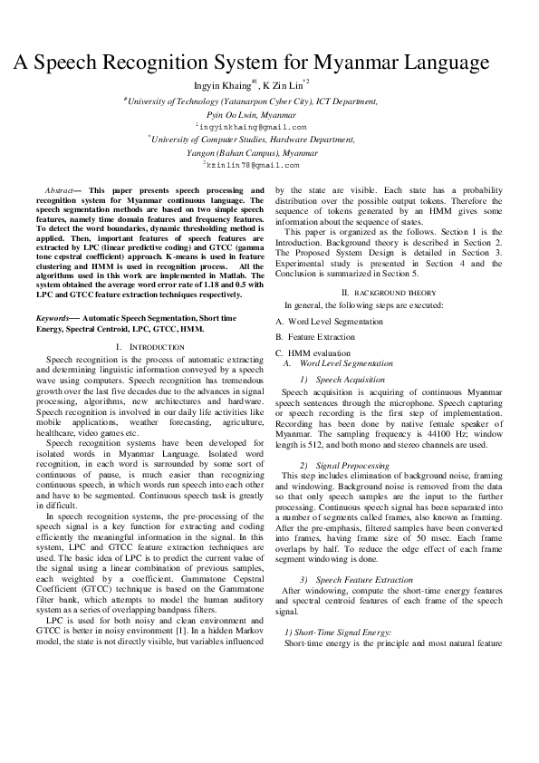 (PDF) A Speech Recognition System for Myanmar Language