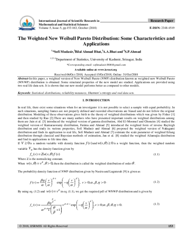 (PDF) The Weighted New Weibull Pareto Distribution Some Characteristics ...