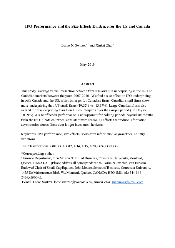 (PDF) IPO Performance and the Size Effect: Evidence for the US and Canada