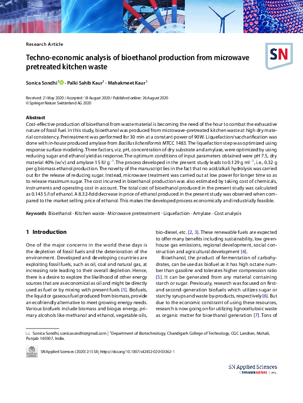 (PDF) Techno-economic analysis of bioethanol production from microwave ...