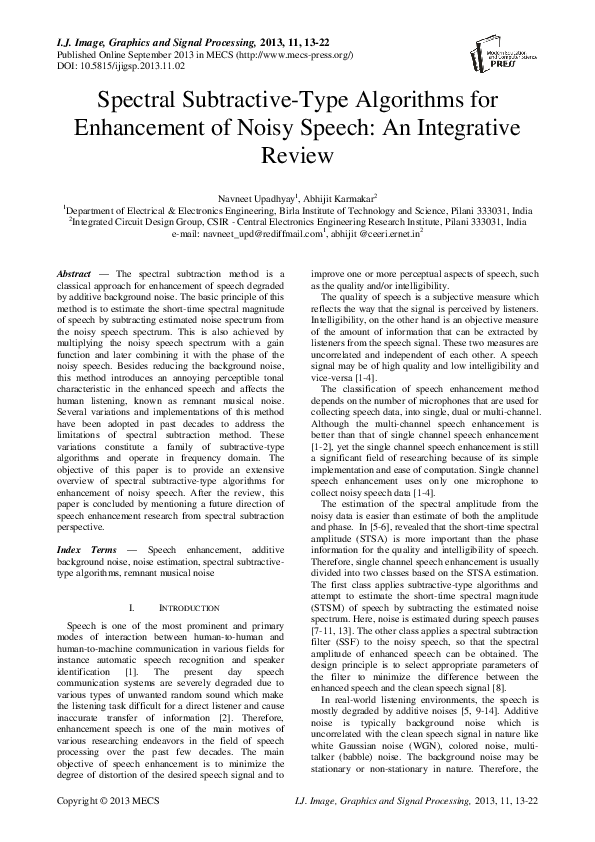 (PDF) The Spectral Subtractive-Type Algorithms for Enhancement of Noisy ...