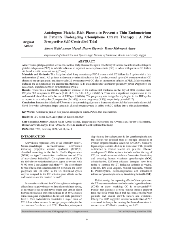 (PDF) Autologous platelet-rich plasma to prevent a thin endometrium in ...