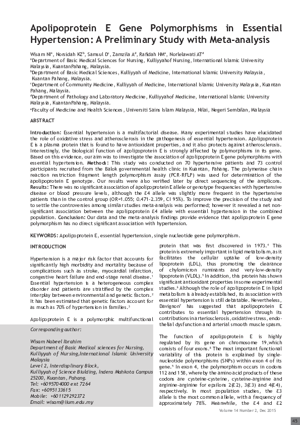 (PDF) Apolipoprotein E Gene Polymorphisms in Essential Hypertension: A ...