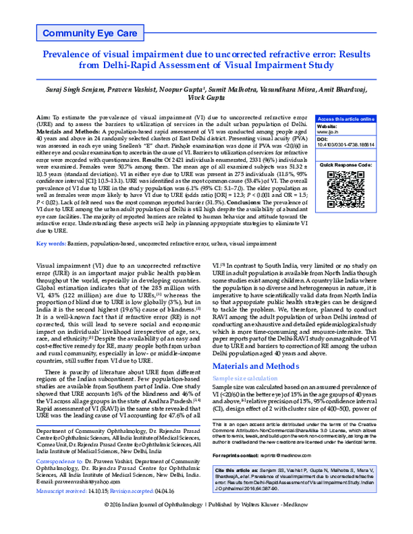 (PDF) Prevalence of visual impairment due to uncorrected refractive ...