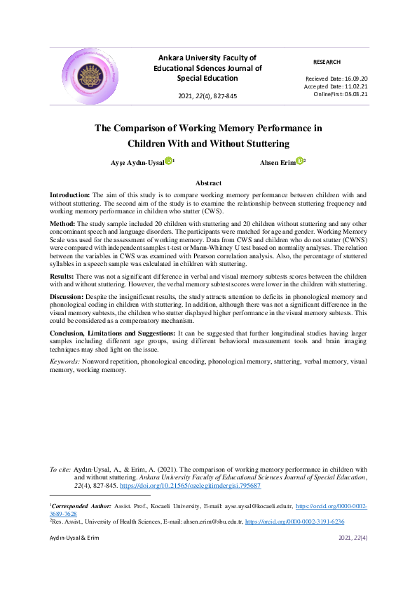 (PDF) The Comparison of Working Memory Performance in Children With and ...