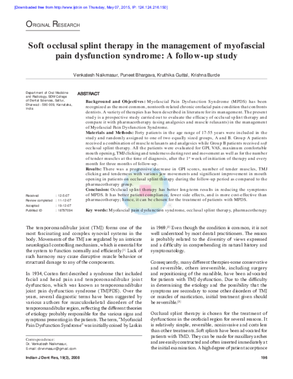 (PDF) Soft occlusal splint therapy in the management of myofascial pain ...