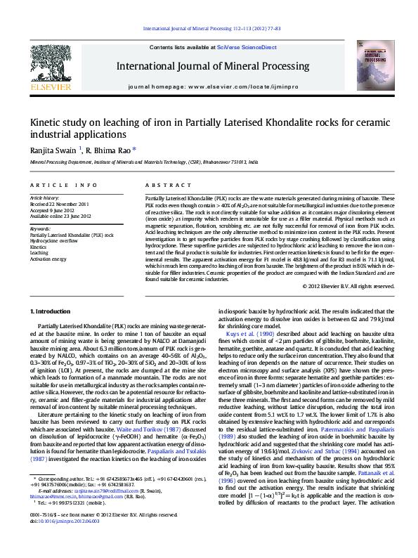 (PDF) Kinetic study on leaching of iron in Partially Laterised ...