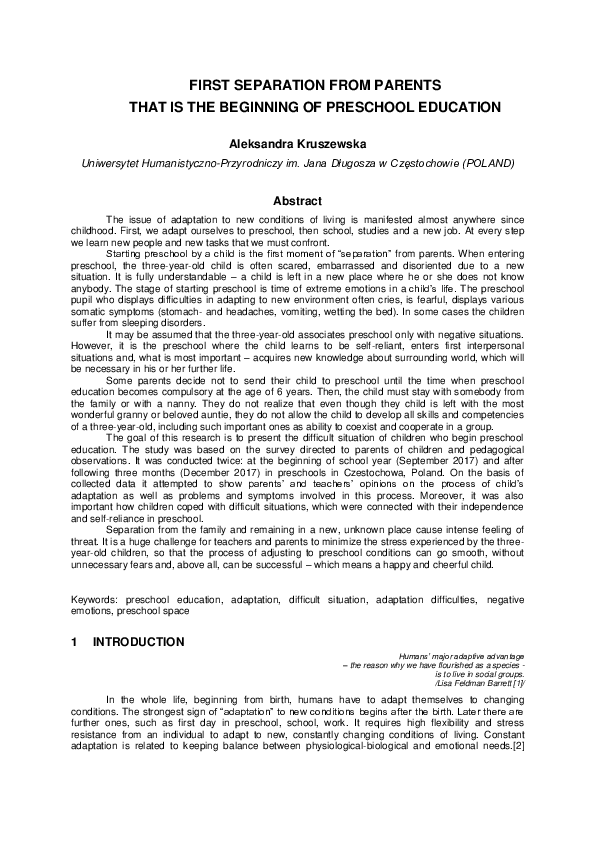 (PDF) First Separation from Parents That is the Beginning of Preschool ...