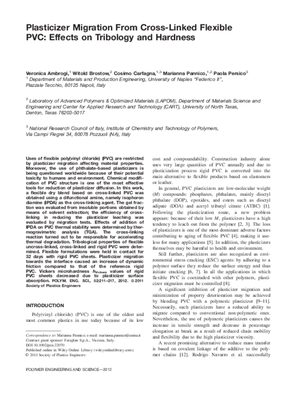 (PDF) Plasticizer migration from cross‐linked flexible PVC Effects on tribology and hardness
