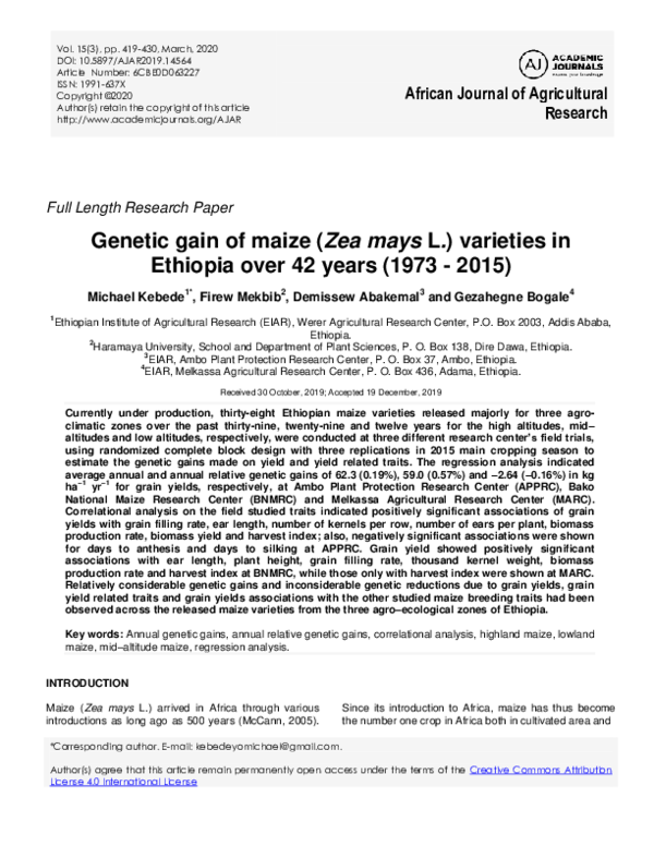 (PDF) Genetic gain of maize (Zea mays L.) varieties in Ethiopia over 42 ...