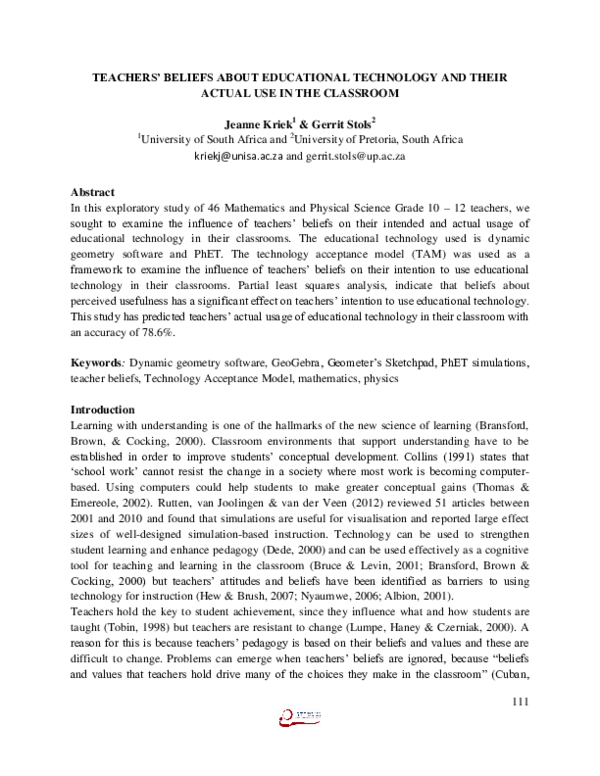 (PDF) Teachers’ Beliefs About Educational Technology and Their Actual ...