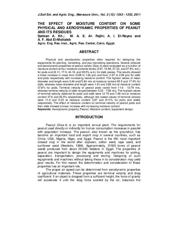 (PDF) THE EFFECT OF MOISTURE CONTENT ON SOME PHYSICAL AND AERODYNAMIC ...