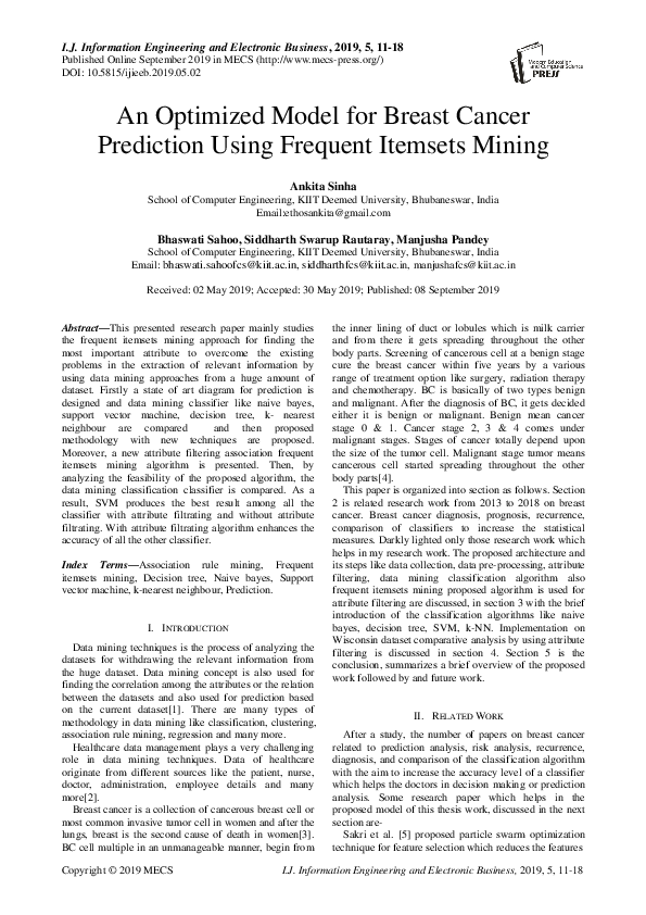 (PDF) An Optimized Model for Breast Cancer Prediction Using Frequent ...