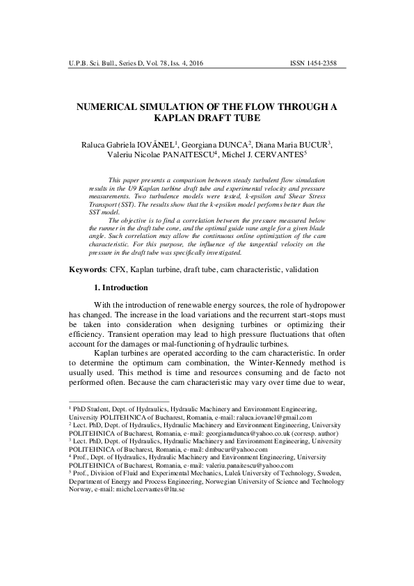 (PDF) Numerical simulation of the Flow Through a Kaplan Draft Tube