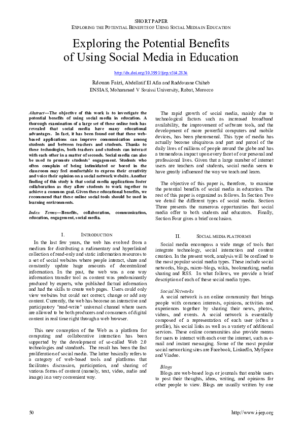 (PDF) Exploring the Potential Benefits of Using Social Media in Education