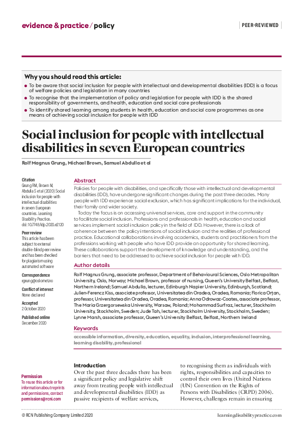 (PDF) Social inclusion for people with intellectual disabilities in ...