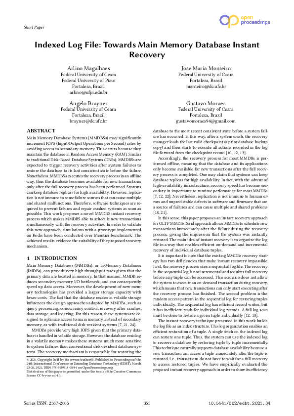 (PDF) Indexed Log File: Towards Main Memory Database Instant Recovery