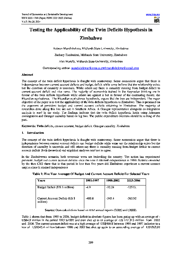 (PDF) Testing the Applicability of the Twin Deficits Hypothesis in Zimbabwe