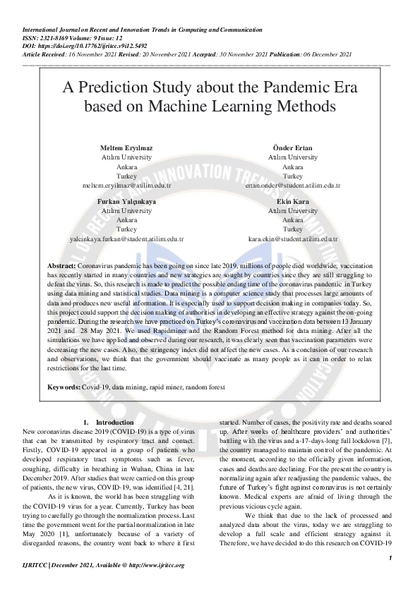 (PDF) A Prediction Study about the Pandemic Era based on Machine ...