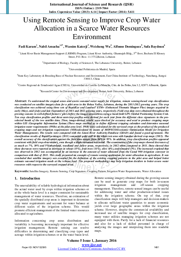 (PDF) Using Remote Sensing to Improve Crop Water Allocation in a Scarce ...