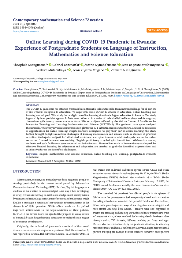 (PDF) Online Learning during COVID-19 Pandemic in Rwanda: Experience of ...