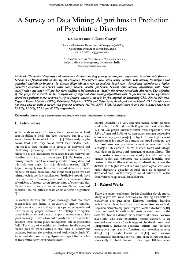 (PDF) A Survey on Data Mining Algorithms in Prediction of Psychiatric ...