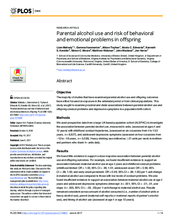 (PDF) Parental alcohol use and risk of behavioral and emotional ...