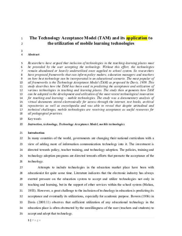 (PDF) The Technology Acceptance Model (TAM) and its Application to the ...