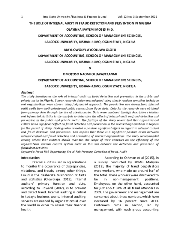 (PDF) THE ROLE OF INTERNAL AUDIT IN FRAUD DETECTION AND PREVENTION IN ...