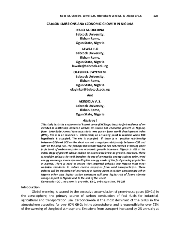 (PDF) CARBON EMISSIONS AND ECONOMIC GROWTH IN NIGERIA