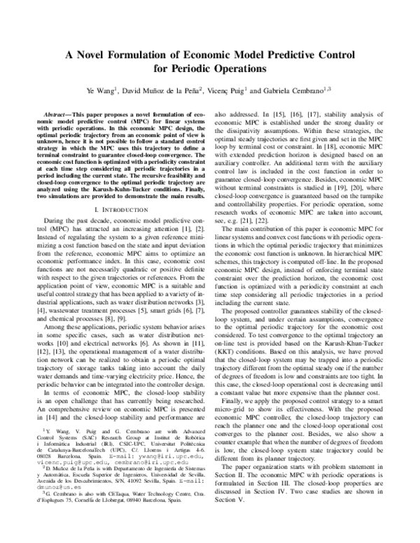 (PDF) A Novel Formulation of Economic Model Predictive Control for ...
