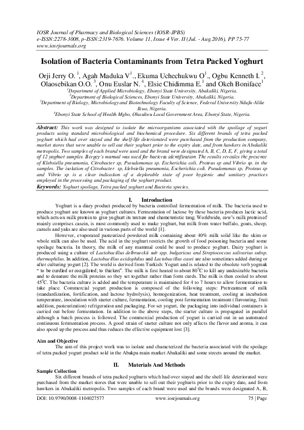 (PDF) Isolation of Bacteria Contaminants from Tetra Packed Yoghurt