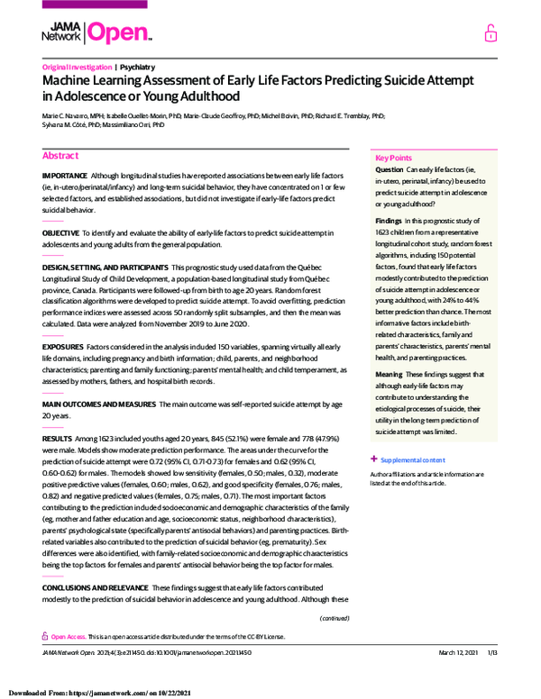 (PDF) Machine Learning Assessment of Early Life Factors Predicting ...