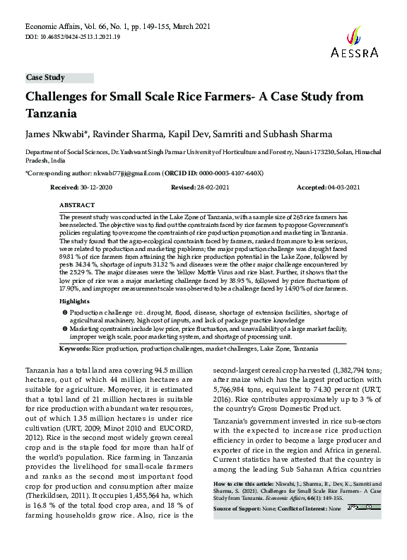 (PDF) Challenges for Small Scale Rice Farmers- A Case Study from Tanzania