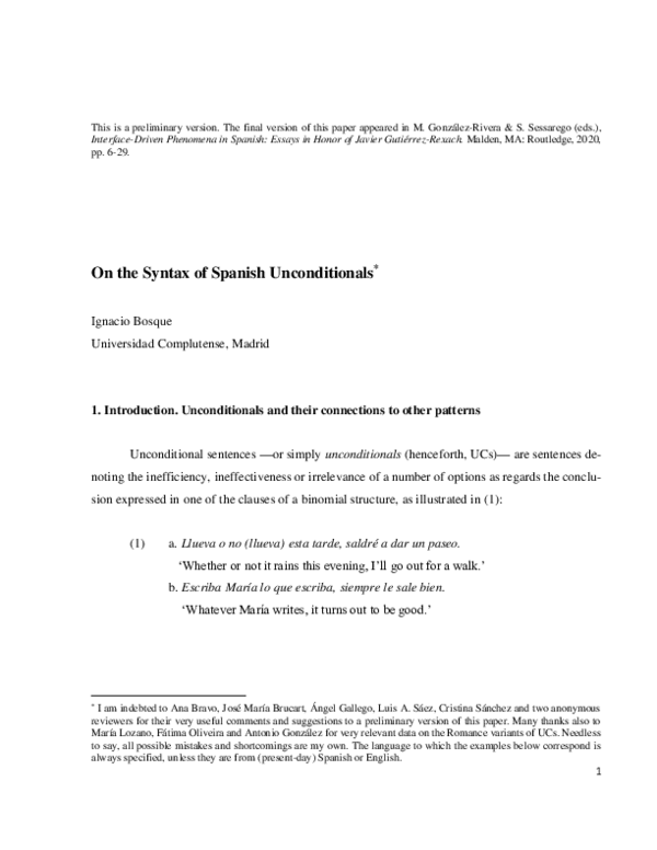 (PDF) On the Syntax of Spanish Unconditionals