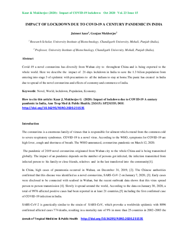 (PDF) Impact of Lockdown Due to COVD-19 a Century Pandemic in India