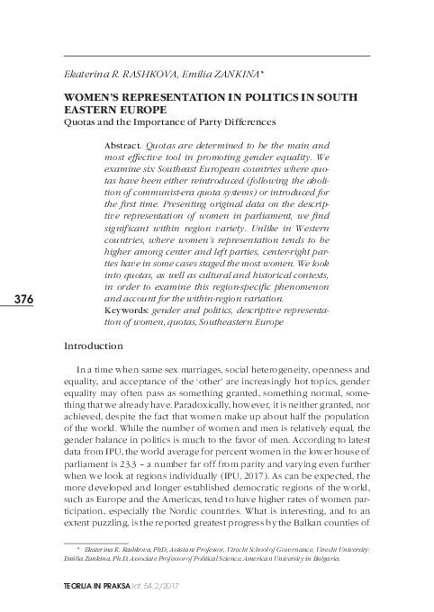 (PDF) WOMEN'S REPRESENTATION IN POLITICS IN SOUTH EASTERN EUROPE