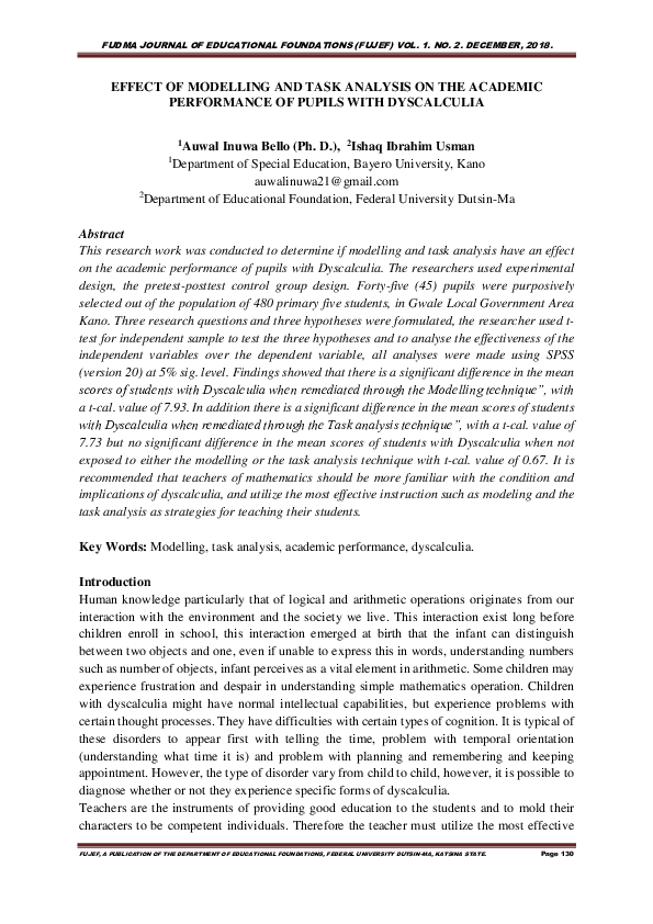 (PDF) Effect of Modelling and Task Analysis on the Academic Performance ...