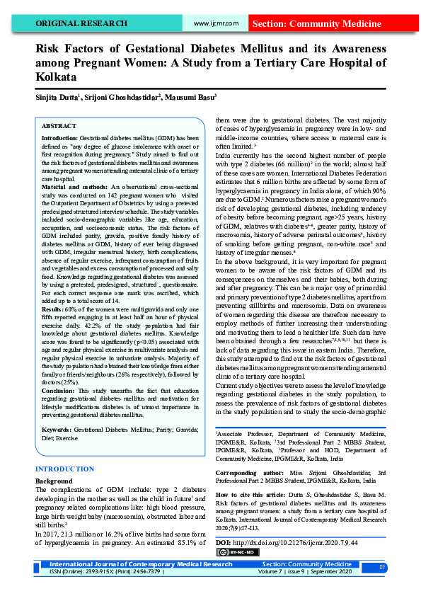 (PDF) Risk Factors of Gestational Diabetes Mellitus and its Awareness ...