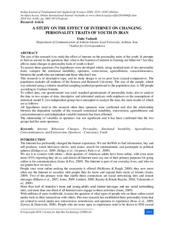 (PDF) A Study on the Effect of Internet on Changing Personality Traits ...